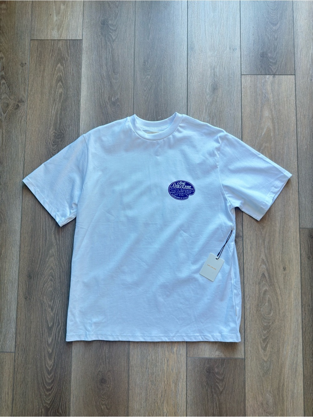 Aime Leon Dore White Short-Sleeve Tee with Small Blue Chest Logo